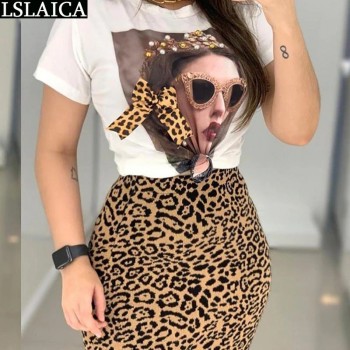 Two Peice Set For Women Casual O-Neck T Shirt& Skirt Set Fashion Leopard Print 